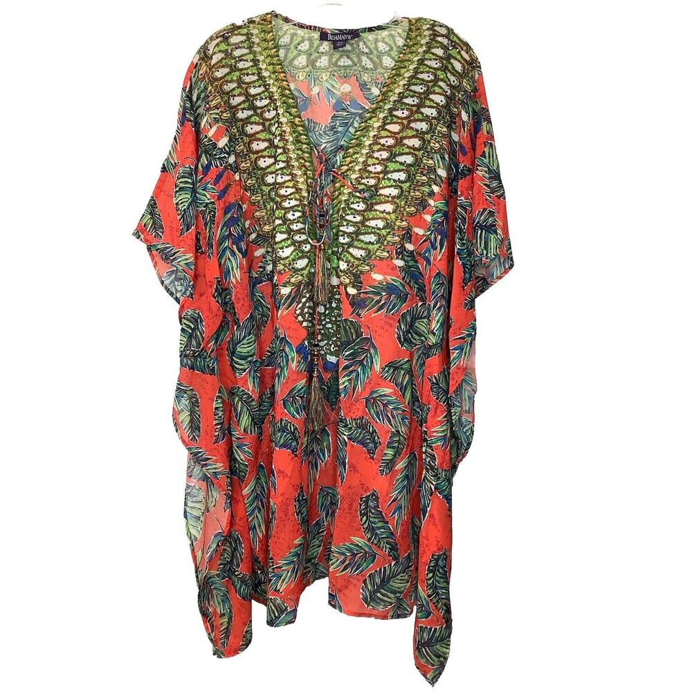 Roaman's Multicolored Swim Tunic Cover Up With Beaded Tassels Size 18W